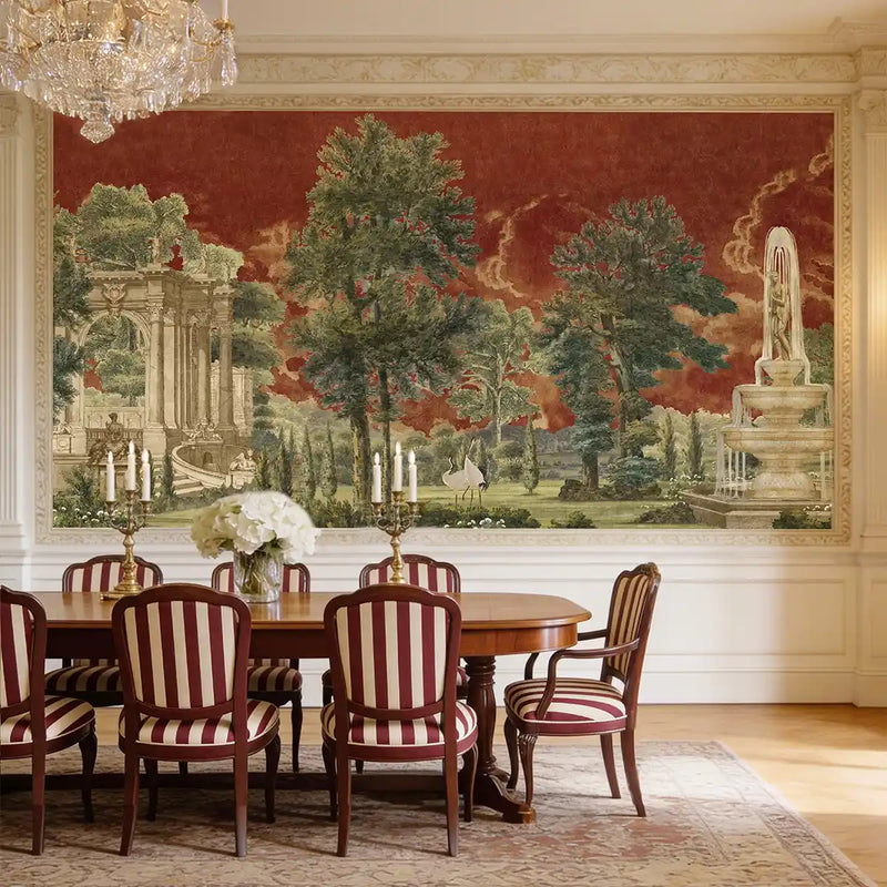 Dining room with a large garden charm wallpaper by lifencolors of a classical landscape.