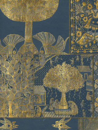 A detailed macro close-up of the Geet Madhubani wall art highlighting a tree motif flanked by peacocks and a village scene rendered in gold leaf.