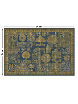 Full view of the Geet Madhubani wall art print at 44 cm by 66 cm, showing the complete gold-on-indigo Madhubani panel composition.
