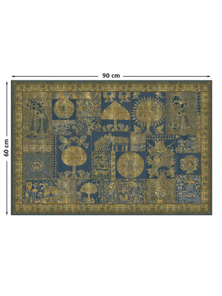 Full view of the Geet Madhubani wall art print at 60 cm by 90 cm, showing the complete gold-on-indigo Madhubani panel composition.
