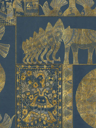 A detailed macro close-up of the Geet Madhubani vertical wall art highlighting an elephant procession, a sun motif and a devotional figure panel.