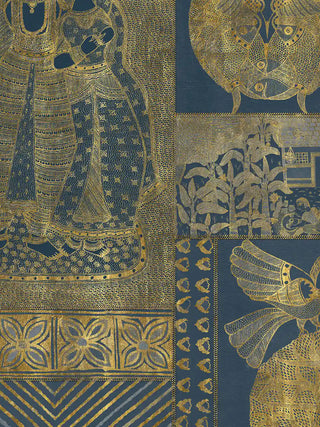 A detailed macro close-up of the Geet Madhubani vertical wall art highlighting an adorned figure panel and paired fish-tailed bird motif in gold on indigo.