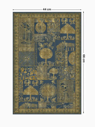 Full view of the Geet Madhubani vertical wall art print at 44 cm by 66 cm, showing the complete gold-on-indigo Madhubani panel composition.