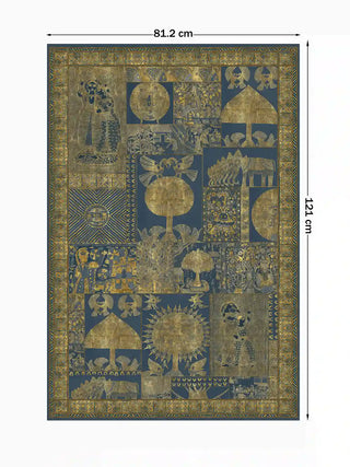 Full view of the Geet Madhubani vertical wall art print at 81.2 cm by 121 cm, showing the complete gold-on-indigo Madhubani panel composition.