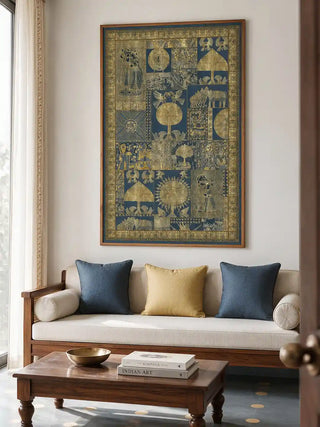 The framed vertical Geet Madhubani wall art displayed above a cane-armed sofa with indigo and mustard cushions in a living room.