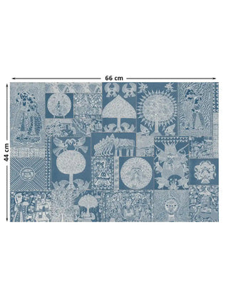 Full pattern layout of the horizontal Geet Madhubani blue design with 44 cm by 66 cm dimensions shown.