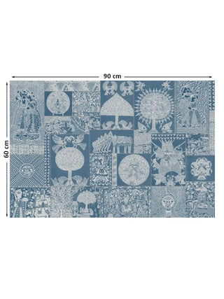 Full pattern layout of the horizontal Geet Madhubani blue design with 60 cm by 90 cm dimensions shown.