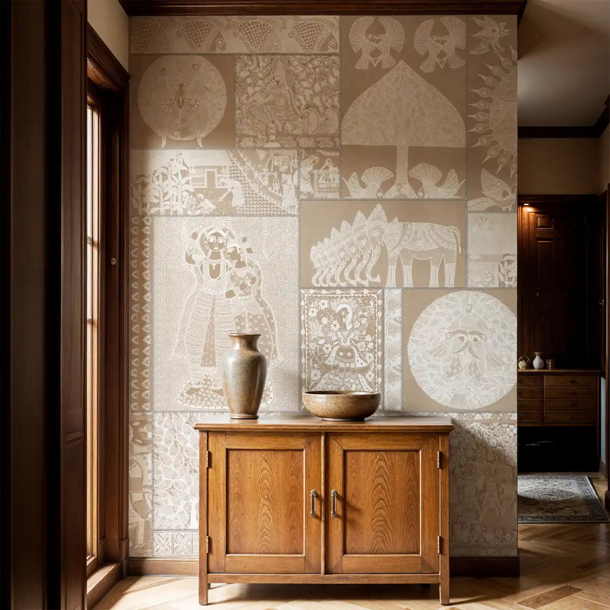 lifencolors clay beige geet madhubani wallcovering foyer render