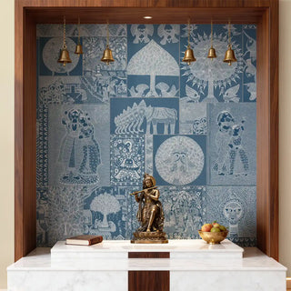 A luxury pooja room featuring Geet Madhubani wallpaper with silver hand-painted folk art narratives on a dusky blue background view-poojaroom