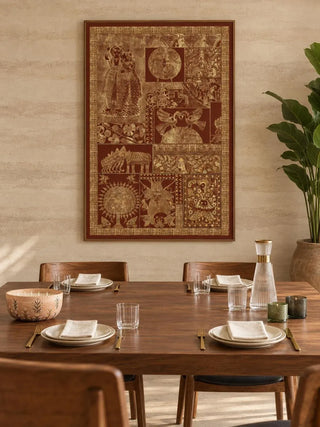 Geet Madhubani embroidered wall art in a thin walnut frame on a sand-toned wall above a walnut dining table with wooden chairs in a dining room