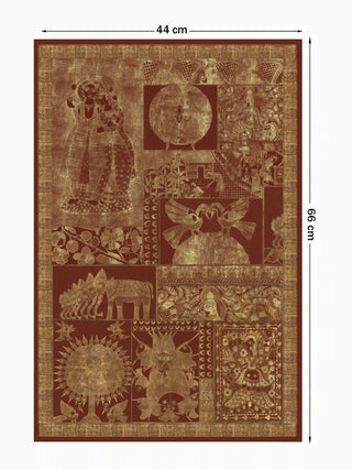 Full pattern view of the Geet Madhubani portrait embroidered wall art in rust, shown at 66 cm by 44 cm with figures, birds, an elephant and fish motifs