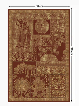 Full pattern view of the Geet Madhubani portrait embroidered wall art in rust, shown at 90 cm by 60 cm with figures, birds, an elephant and fish motifs