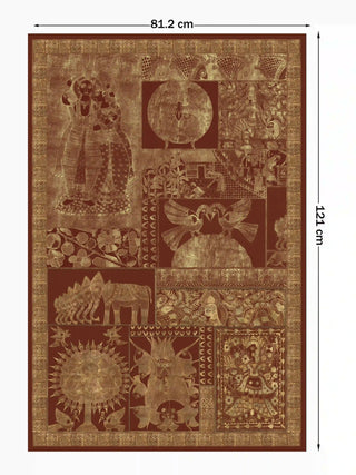 Full pattern view of the Geet Madhubani portrait embroidered wall art in rust, shown at 121 cm by 81.2 cm with figures, birds, an elephant and fish motifs