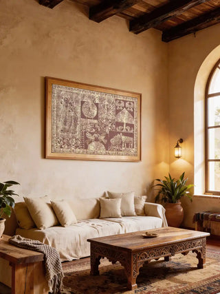 A grand living room featuring the Geet Madhubani mural in rust tones styled above a cream linen sofa and rustic wooden table.