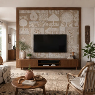 A soulful room featuring the Geet Madhubani mural in clay beige in a TV unit. view-tvpanel