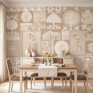 A refined dining room set featuring the Geet Madhubani folk art mural behind a light wood table and white sideboard view-dining room