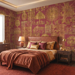 A luxury master bedroom featuring a crimson and gold Madhubani wall mural behind a leather bed and dark wood furniture view-bedroom