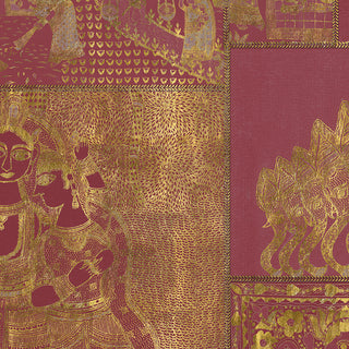 A close-up of the Geet Madhubani mural showing hand-painted golden figures and ornate borders on a crimson background.