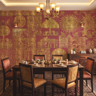 A luxury dining room featuring the Geet Madhubani red and gold mural behind a dark wood table and velvet chairs view-diningroom