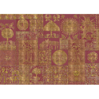The complete pattern layout of the Geet Madhubani mural featuring crimson background and gilded Indian folk art motifs.