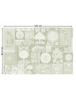 Full pattern layout of the horizontal Geet Madhubani sage design with 81.2 cm by 121 cm dimensions shown.