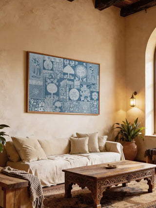 A large-scale Geet Madhubani mural in blue displayed on a textured cream wall above a neutral contemporary sofa and carved coffee table.