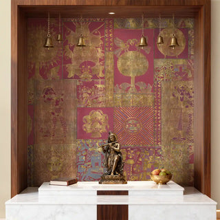 A luxury pooja room featuring Geet Madhubani wallpaper with golden hand-painted folk art narratives on a rich velvet red background view-poojaroom