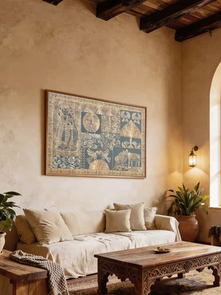 Large Geet Madhubani wall art in blue and gold styled above a beige sofa in a rustic, high-end living room