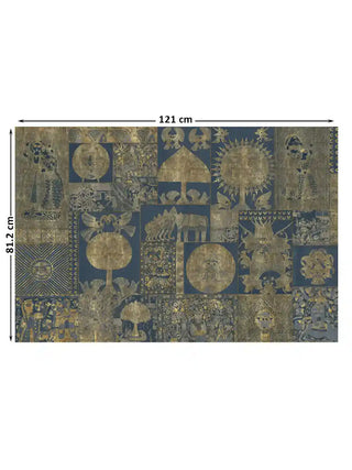 Geet Madhubani panelled folk art in indigo and gold shown at 121 x 81.2 cm with dimension markings for size reference.