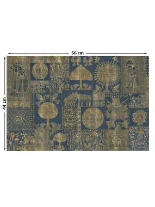 Geet Madhubani tree of life and sun motif wall art in indigo and gold shown at 66 x 44 cm with dimension markings for size reference.