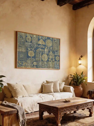 Geet Madhubani wall art in indigo and gold, framed in light oak above a cream linen sofa with a carved wooden coffee table and terracotta planter in a sunlit living room.
