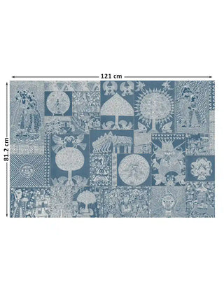 Geet Madhubani panelled folk art in indigo and white shown at 121 x 81.2 cm with dimension markings for size reference.