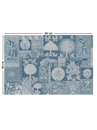 Geet Madhubani sun and elephant motif wall art in indigo and white shown at 66 x 44 cm with dimension markings for size reference.