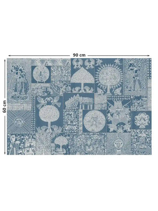 Geet Madhubani tree of life and fish motif wall art in indigo and white shown at 90 x 60 cm with dimension markings for size reference.