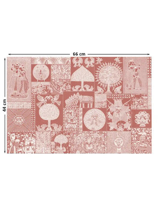 Geet Madhubani elephant and fish motif wall art in terracotta and white shown at 66 x 44 cm with dimension markings for size reference.