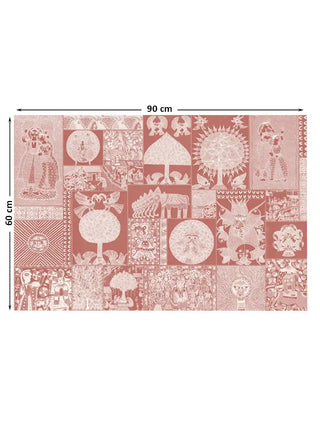 Geet Madhubani panelled folk art in terracotta and white shown at 90 x 60 cm with dimension markings for size reference.
