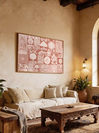 Geet Madhubani wall art in terracotta and white, framed in light oak above a cream linen sofa with a carved wooden coffee table and terracotta planter in a sunlit living room.