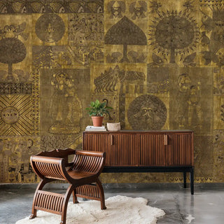 geet madhubani gold wallpaper with wooden furniture set against a decorative wall with geometric patterns
