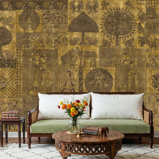 geet madhubani gold wallpaper with sofa and decorative pillows and a coffee table in front of a patterned wall.