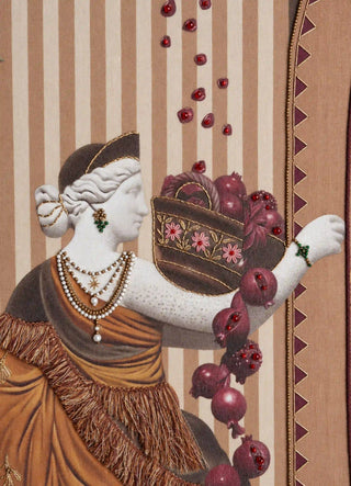 A detailed macro close-up of the Gilded Mythos embroidered wall art highlighting hand-beaded jewellery, metallic-thread basket embroidery and fringed trim.