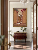 The Gilded Mythos embroidered wall art framed above a bombe chest beneath a crystal chandelier in an entrance hallway.