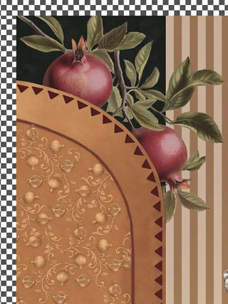 Detail of the Gilded Mythos wall art in amber ochre, with ripe pomegranates on the branch above a scrolling arch and checkerboard border.