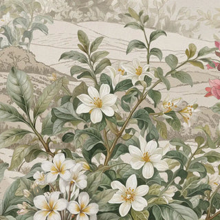 A high-resolution close-up macro view focusing on the detailed white frangipani blossoms and green leaves of the Goa Coastal Romance mural.