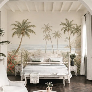 The Goa Coastal Romance scenic coastal wallpaper mural framed inside white architectural archways of a luxury villa bedroom.