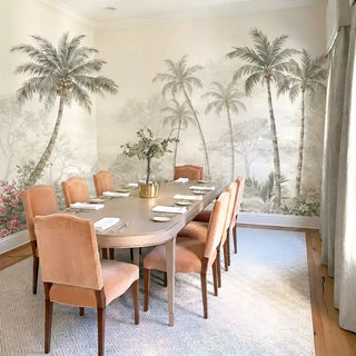 The Goa Coastal Romance landscape wallpaper creating a sophisticated, light-filled focal backdrop in a high-end dining room view-diningroom