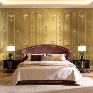 A luxury bedroom suite featuring The Zellige Hall golden mural behind a curved velvet headboard and black nightstands view-bedroom