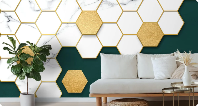Gold and Green hexagon 3D Wallpaper by Life n Colors
