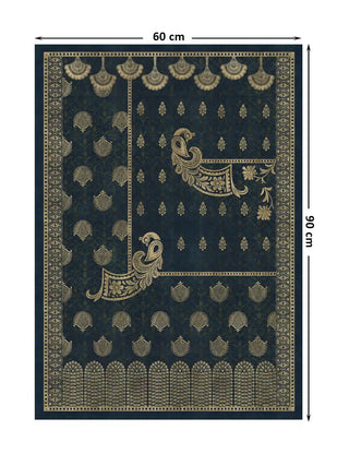 Golden Crest peacock and butta motif wall art in midnight blue and gold shown at 60 x 90 cm with dimension markings for size reference.