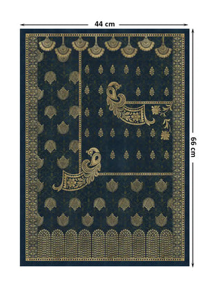 Full pattern layout of Golden Crest wall art in teal and gold at 44×66 cm, showing the complete Banarasi-inspired composition with peacocks, fan tassels, boteh field, and jewelled arch border