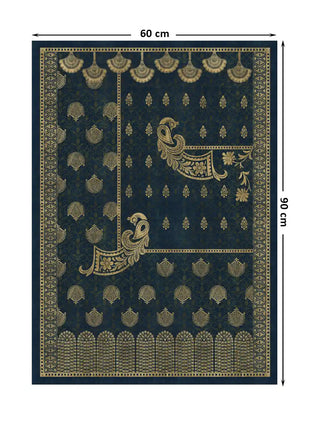 Full pattern layout of Golden Crest wall art at 60×90 cm, displaying the complete repeat of gold peacocks on floral perches, kalgi droplet field, peacock-tail medallions, and arch bottom border on a deep teal ground